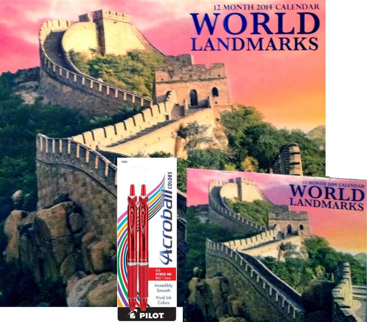 2014 World Landmarks 12 Month Calendar, 2014 World Landmarks Mini Calendar Included, Bonus: Pilot Acroball Retractable Hybrid Gel Ball Point Pens, Red 2-pack