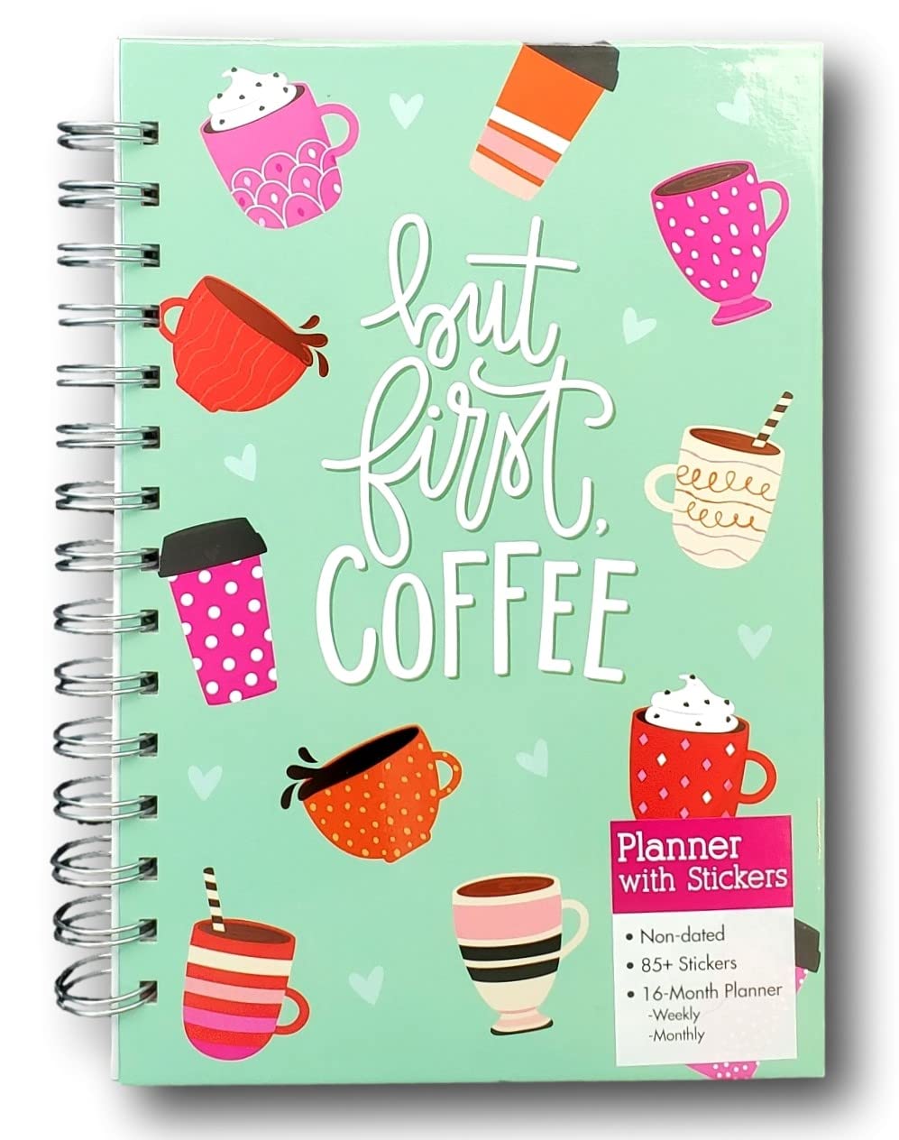 UNDATED/Non-Dated Weekly Monthly Planner, Colorful Designs, 8.5” X 5.75”, Cardboard Cover, Spiral Binding, 90 Decorative Stickers, 86 Sheets/172 Pages (BUT FIRST COFFEE)
