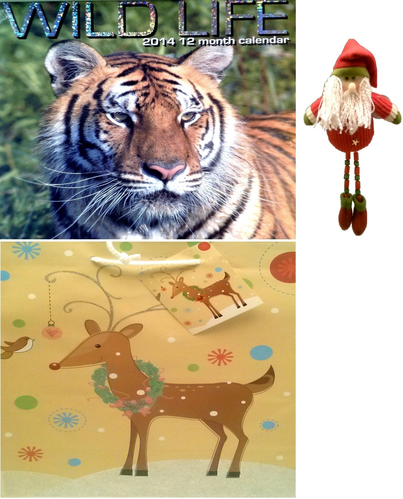 2014 Wild Life 12 Month Wall Calendar Bonus:large Size Christmas Glitter Gift Bag & Beaded Leg Santa Ornament