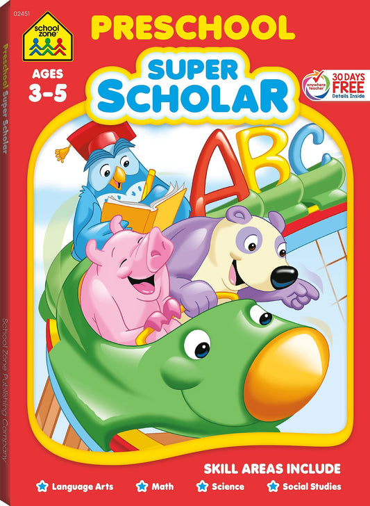 School Zone - Preschool Super Scholar Workbook - 128 Pages, Ages 3 to 5, Preschool to Kindergarten, Alphabet, Numbers 1-12, Colors, Shapes, Math, Science, and More
