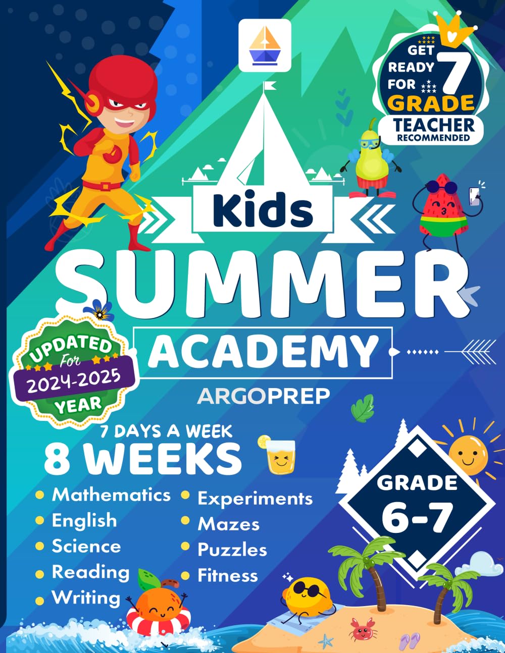 Kids Summer Academy by ArgoPrep - Grades 6-7: 8 Weeks of Math, Reading, Science, Logic, Fitness and Yoga | Online Access Included | Prevent Summer Learning Loss