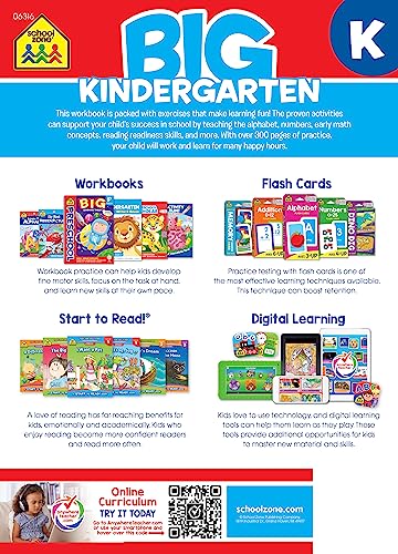School Zone - Big Kindergarten Workbook - 320 Pages, Ages 5 to 6, Early Reading and Writing, Numbers 0-20, Basic Math, Matching, Story Order, and More (School Zone Big Workbook Series)
