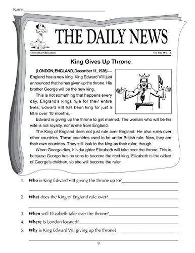 Remedia The Five W's Book For Reading Level 3, Grades 4Th - 12Th (Rem487b)