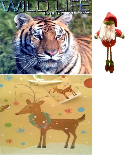 2014 Wild Life 12 Month Wall Calendar Bonus:large Size Christmas Glitter Gift Bag & Beaded Leg Santa Ornament