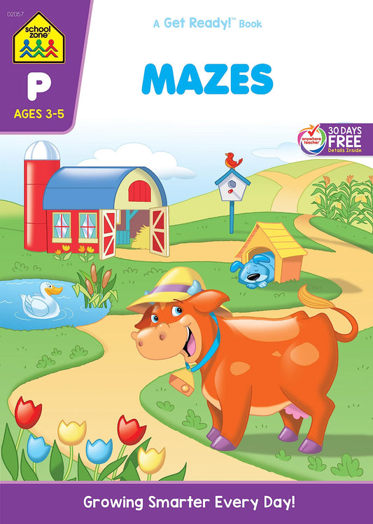 School Zone - Mazes Workbook - 32 Pages, Ages 3 to 5, Preschool, Kindergarten, Maze Puzzles, Wide Paths, Colorful Pictures, Problem-Solving, and More (School Zone Get Ready! Book Series)